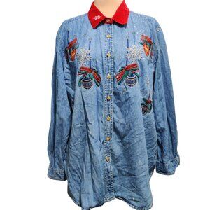 Vintage Bobbie Brooks Plus Size 18W Denim Christmas Shirt Red Collar Embroidered